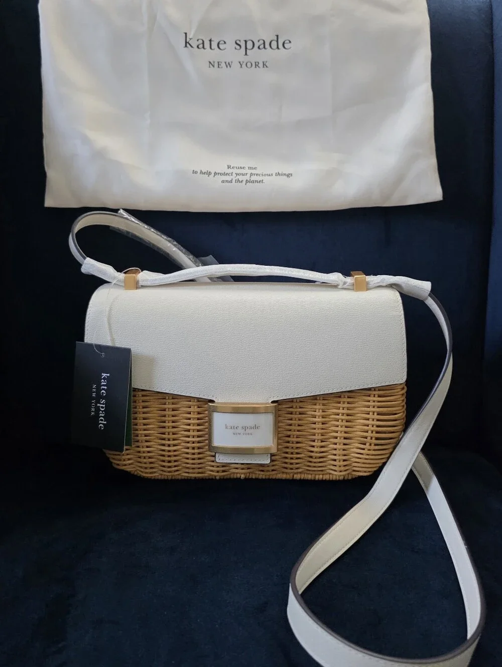 kate spade White and Tan Wicker Crossbody Bag